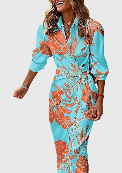 Elegant Wrap Dress for Women Collared Long-Sleeve Geometric-Print