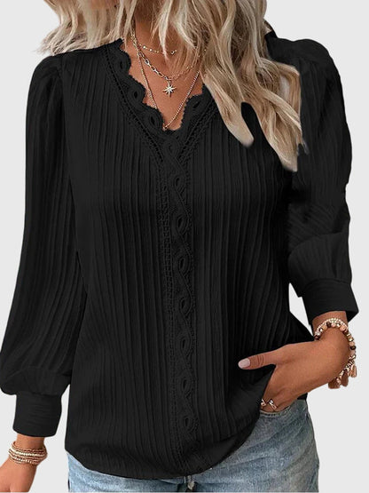 Elegant Blouse for Women Crochet-Trim Long-Sleeve V-Neck