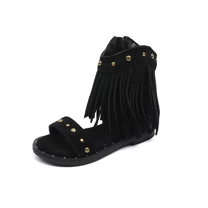 Stylish Fringe Sandals for Women Studded Ankle-Strap Zip-Up