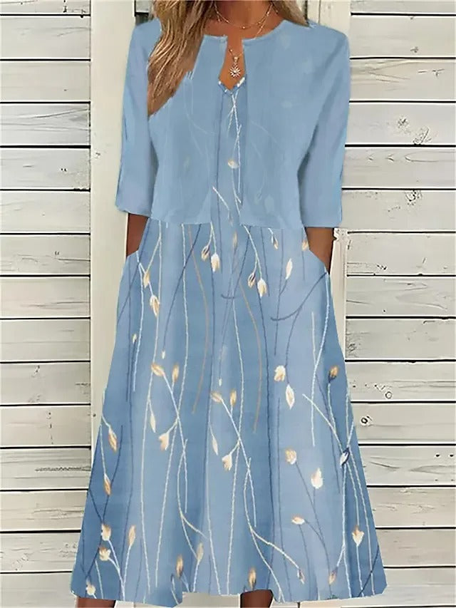 Effortless Floral Midi Dress for Women Three-Quarter-Sleeve Casual