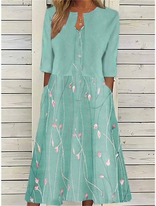 Effortless Floral Midi Dress for Women Three-Quarter-Sleeve Casual