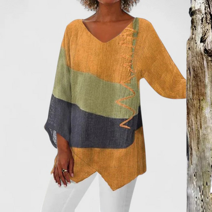 Elegant Blouse for Women Colorblock V-Neck Wide-Sleeve