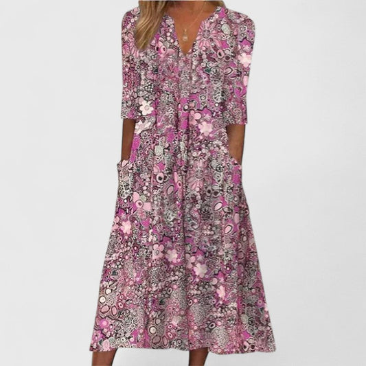 Elegant Floral-Print Midi Dress for Women Short-Sleeve Tiered
