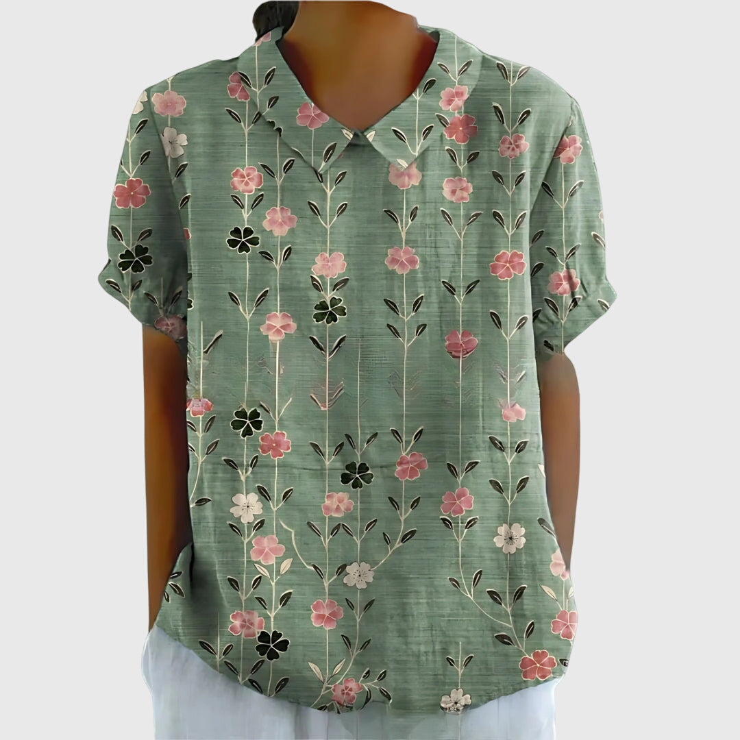 Elegant Blouse for Women Floral-Print Short-Sleeve Collared