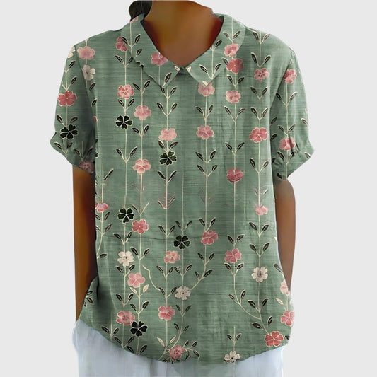 Elegant Blouse for Women Floral-Print Short-Sleeve Collared