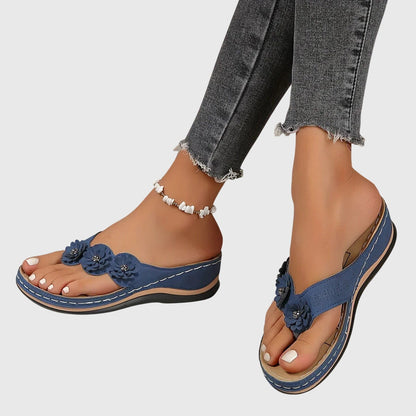Comfortable Thong Sandals for Women Floral-Appliqué Wedge Slip-On