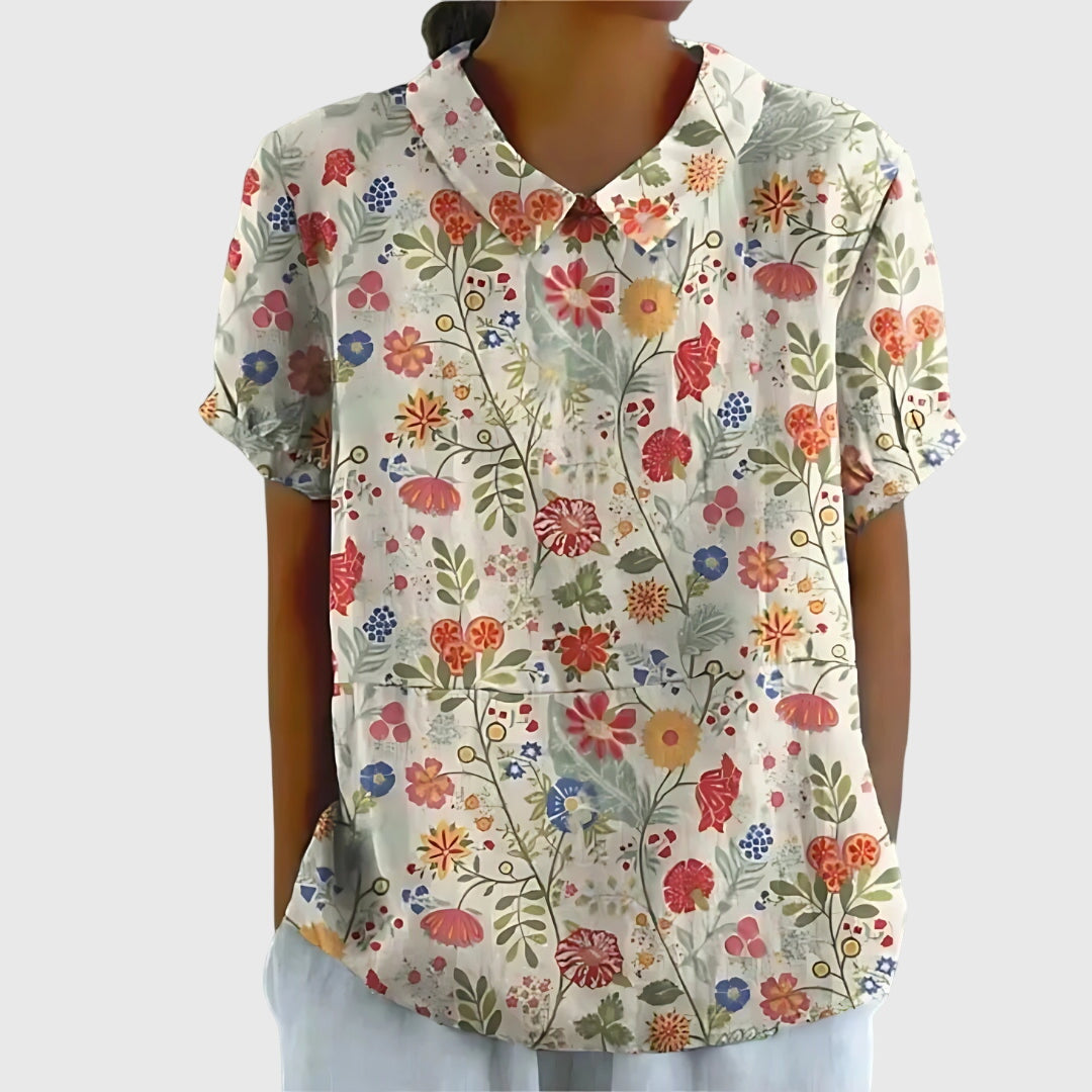 Elegant Blouse for Women Floral-Print Short-Sleeve Collared
