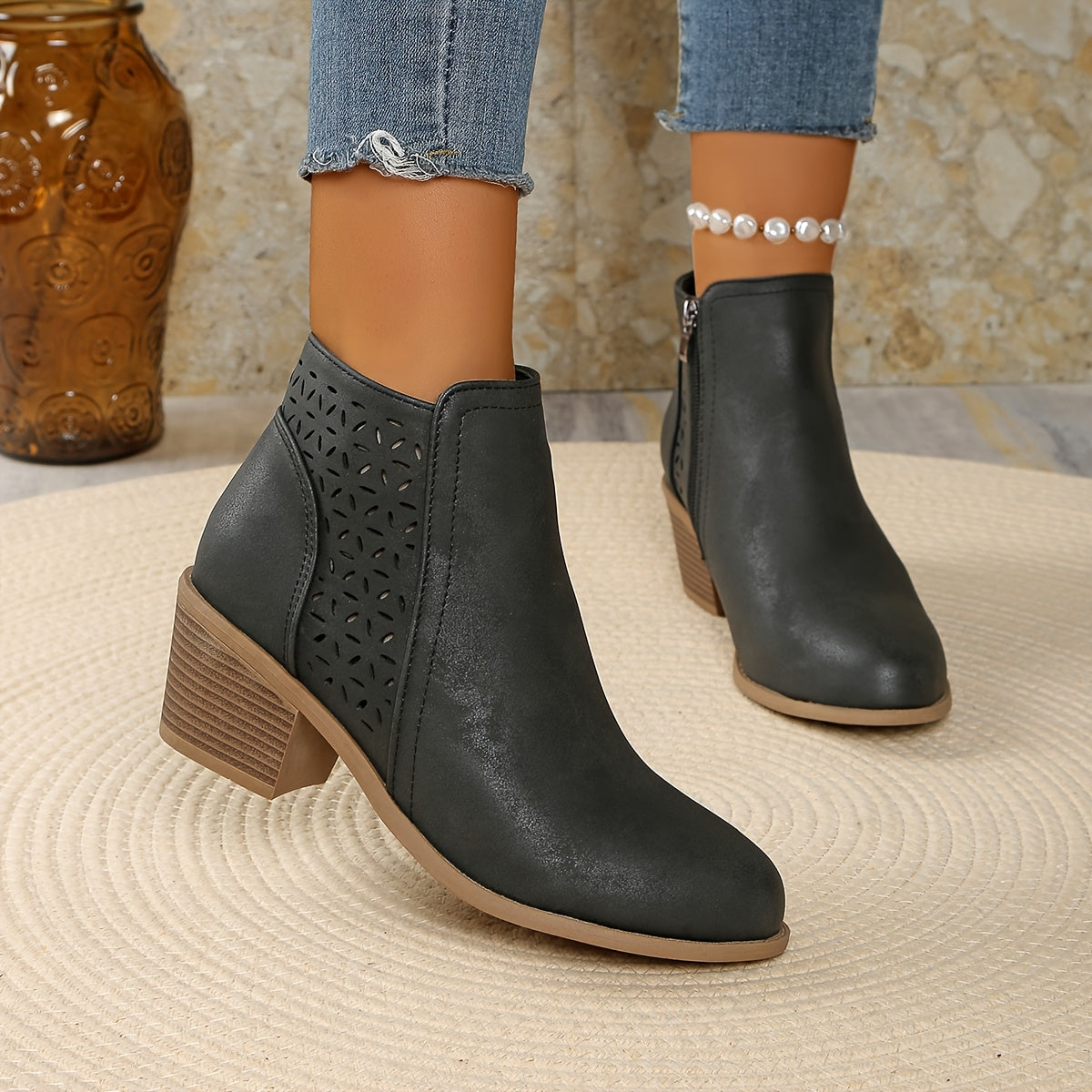 Stylish Ankle Boots for Women Perforated Zip-Up Block-Heel