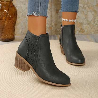 Stylish Ankle Boots for Women Perforated Zip-Up Block-Heel