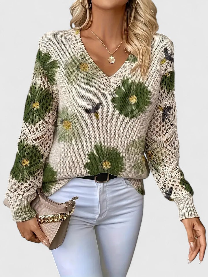 Elegant Pullover Sweater for Women V-Neck Floral-Crochet