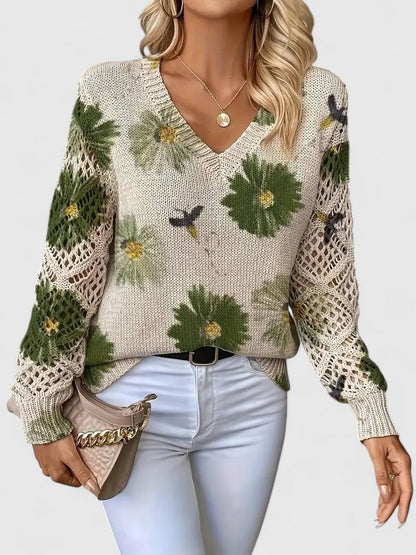 Elegant Pullover Sweater for Women V-Neck Floral-Crochet