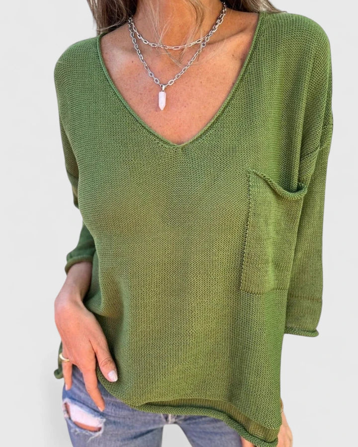 Comfortable Sweater for Women V-Neck Patch-Pocket Long-Sleeve
