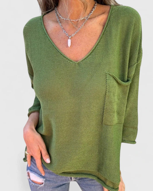 Comfortable Sweater for Women V-Neck Patch-Pocket Long-Sleeve