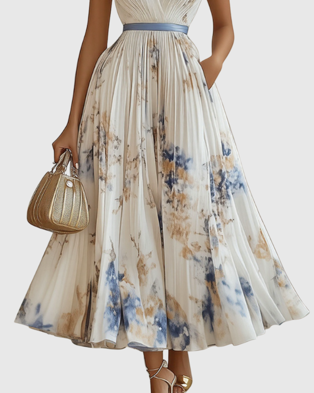 Elegant Pleated Maxi Dress for Women V-Neck Sleeveless Floral-Print