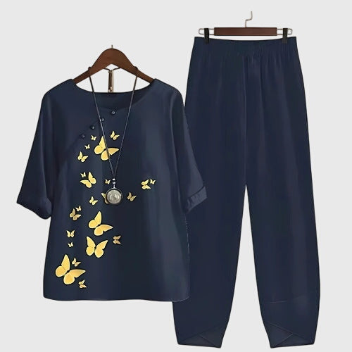 Elegant Two-Piece Set for Women Butterfly-Print Short-Sleeve Straight-Leg