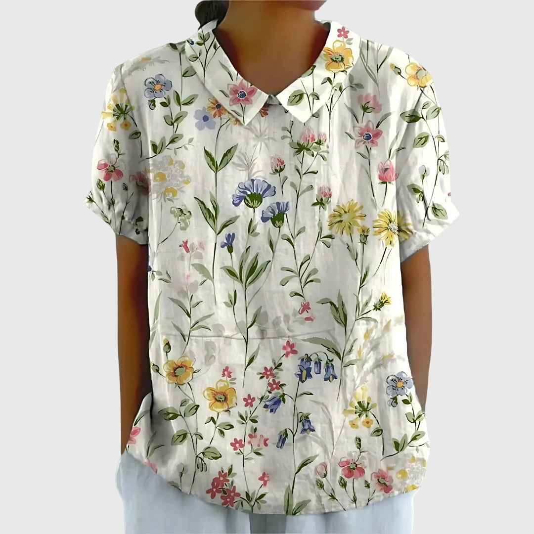 Elegant Blouse for Women Floral-Print Short-Sleeve Collared