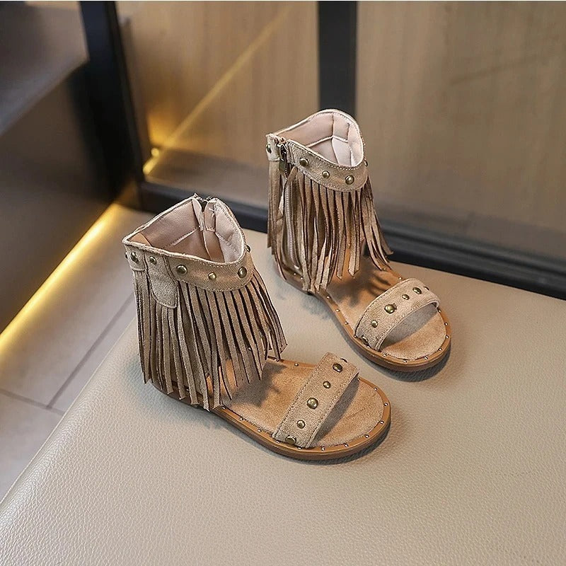 Stylish Fringe Sandals for Women Studded Ankle-Strap Zip-Up