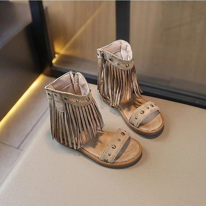 Stylish Fringe Sandals for Women Studded Ankle-Strap Zip-Up