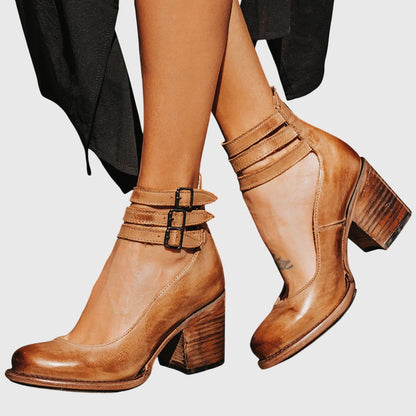 Elegant Ankle Boots for Women Buckle-Strap Block-Heel