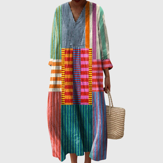 Stylish Midi Dress for Women Patchwork V-Neck