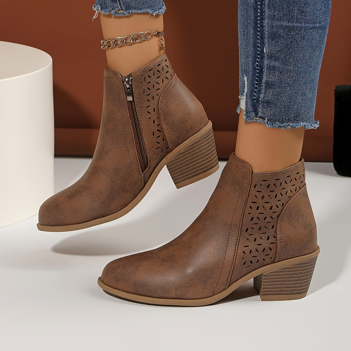 Stylish Ankle Boots for Women Perforated Zip-Up Block-Heel