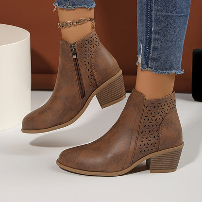 Stylish Ankle Boots for Women Perforated Zip-Up Block-Heel