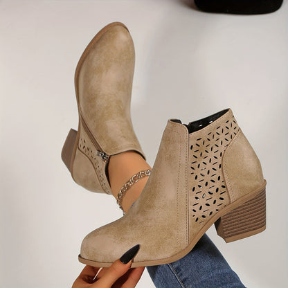Stylish Ankle Boots for Women Perforated Zip-Up Block-Heel