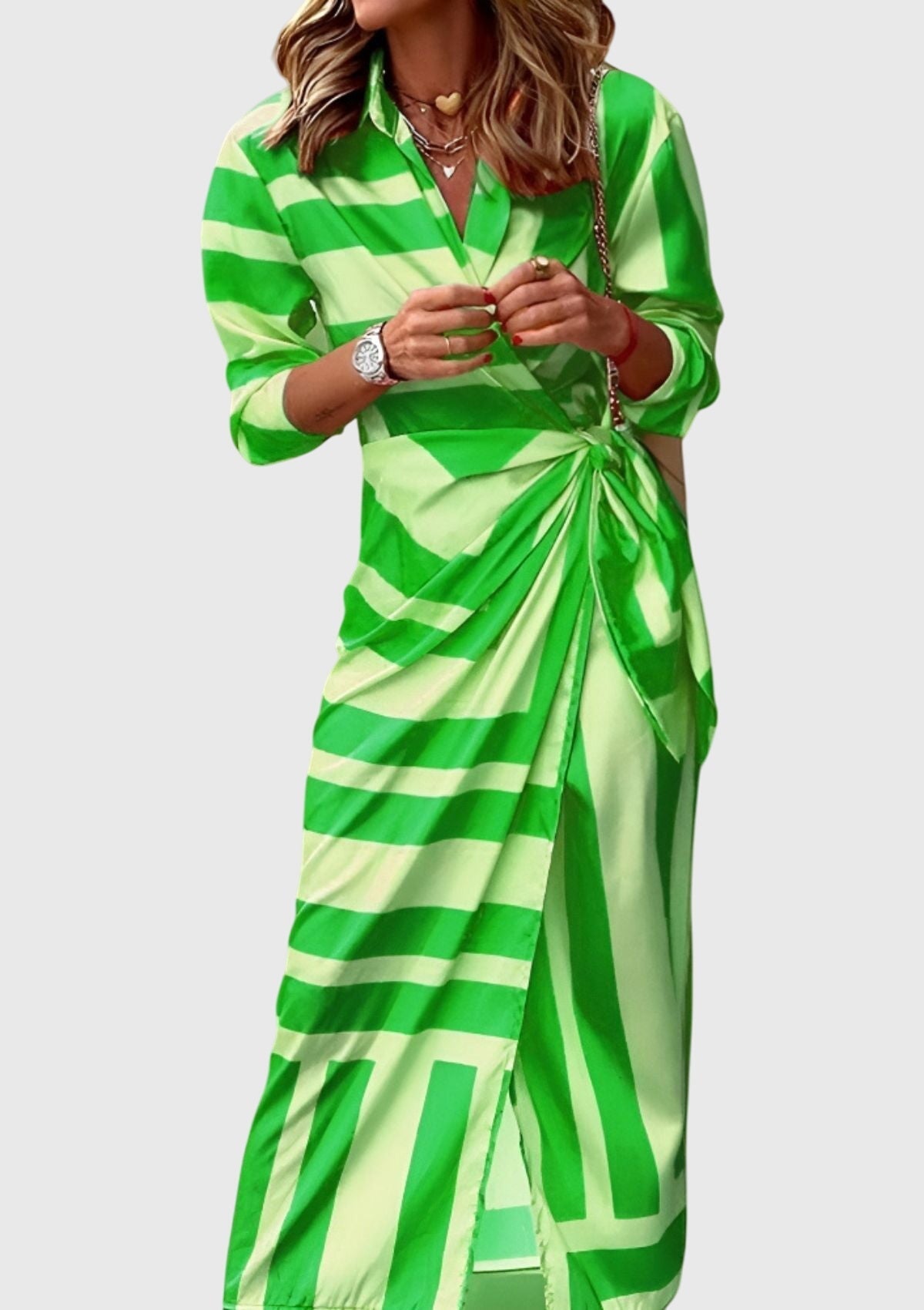 Elegant Wrap Dress for Women Collared Long-Sleeve Geometric-Print