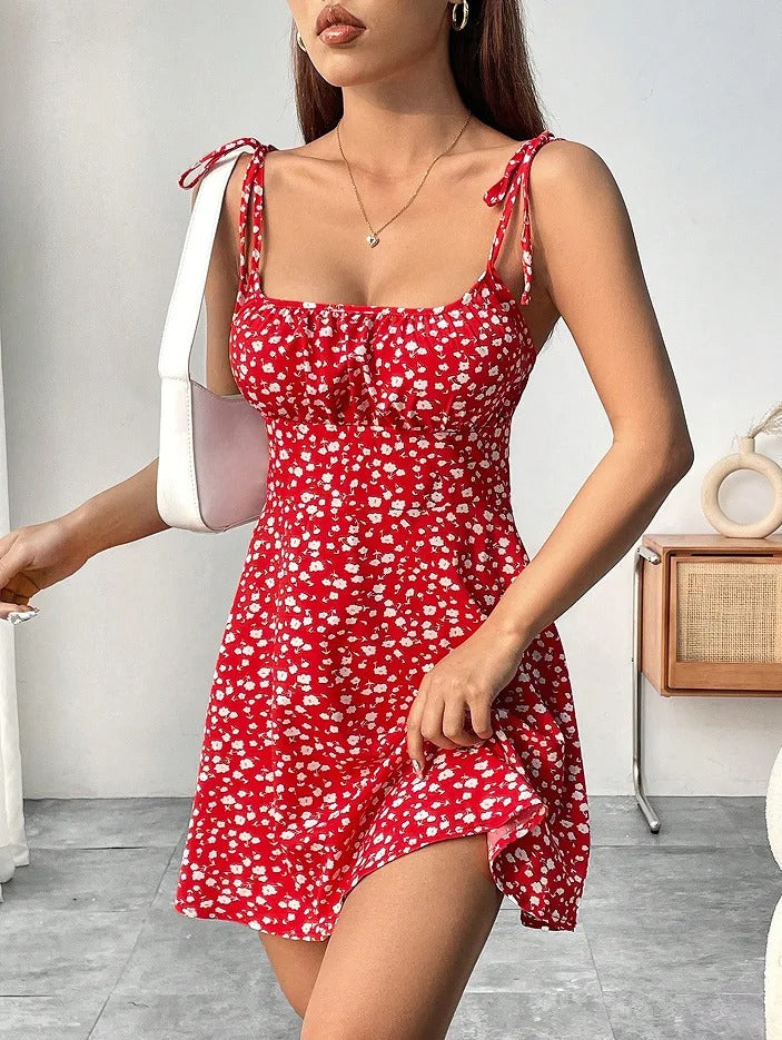 Stylish Mini Dress for Women Floral Ruched Spaghetti-Strap