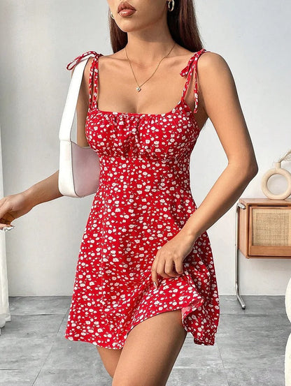 Stylish Mini Dress for Women Floral Ruched Spaghetti-Strap