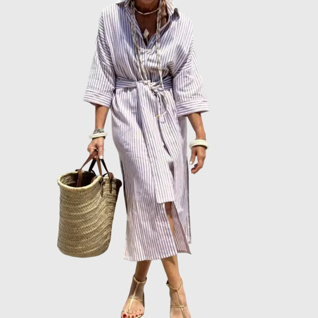 Elegant Shirt Dress for Women Striped Long-Sleeve