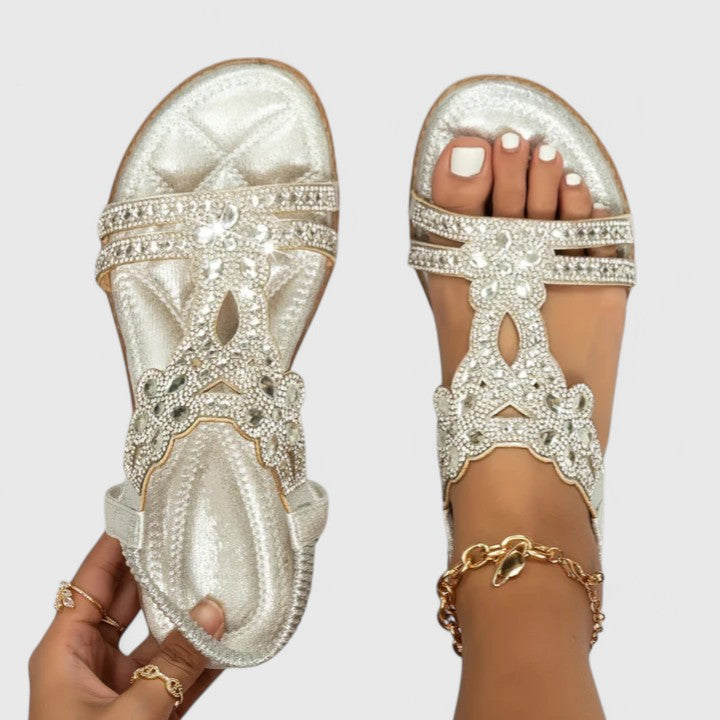 Elegant Flat Sandals for Women Rhinestone T-Strap Embellished