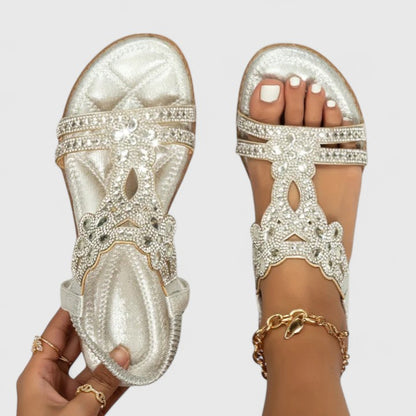 Elegant Flat Sandals for Women Rhinestone T-Strap Embellished