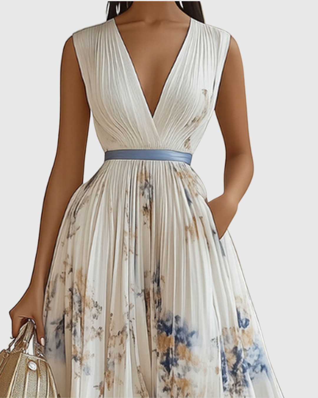Elegant Pleated Maxi Dress for Women V-Neck Sleeveless Floral-Print