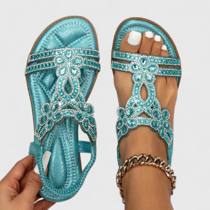 Elegant Flat Sandals for Women Rhinestone T-Strap Embellished