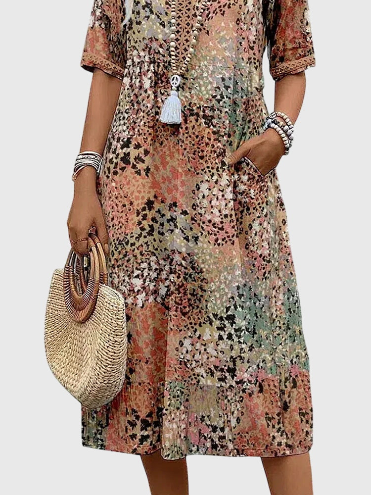 Elegant Midi Dress for Women Floral-Print V-Neck