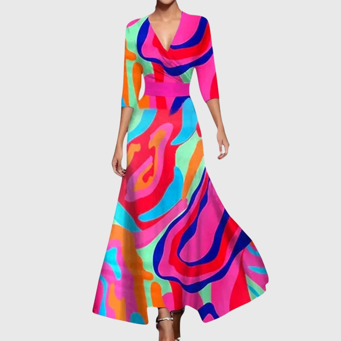 Elegant Wrap Maxi Dress for Women V-Neck Half-Sleeve Floral-Print