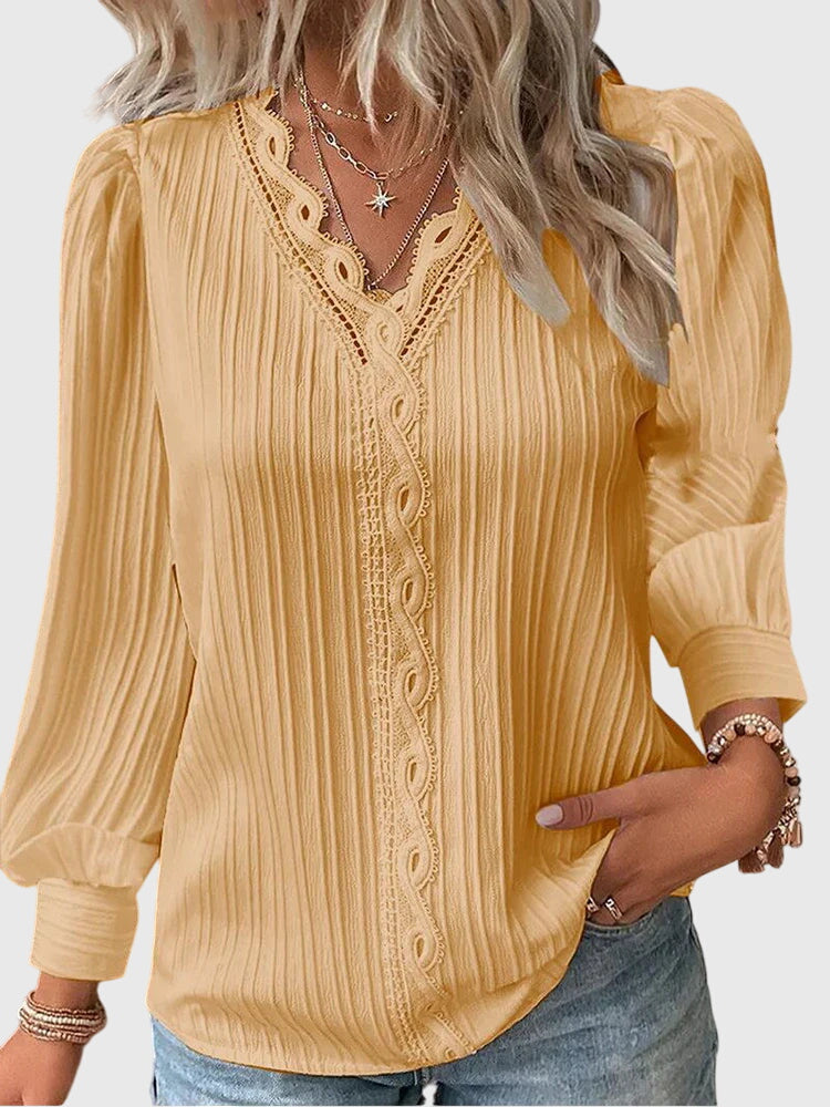 Elegant Blouse for Women Crochet-Trim Long-Sleeve V-Neck