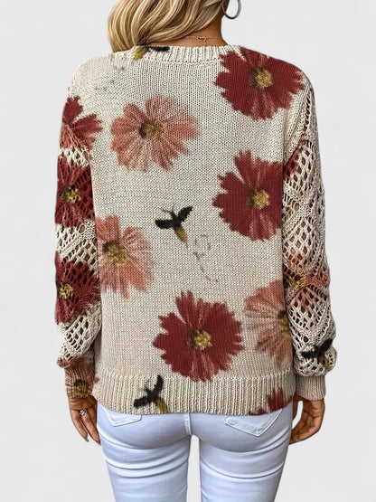 Elegant Pullover Sweater for Women V-Neck Floral-Crochet