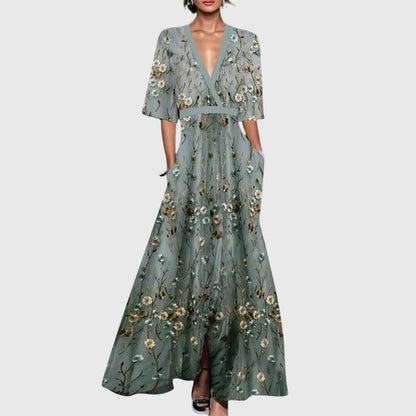 Elegant Wrap Maxi Dress for Women V-Neck Floral-Print