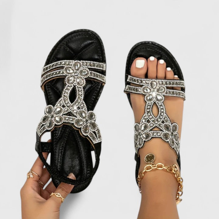 Elegant Flat Sandals for Women Rhinestone T-Strap Embellished