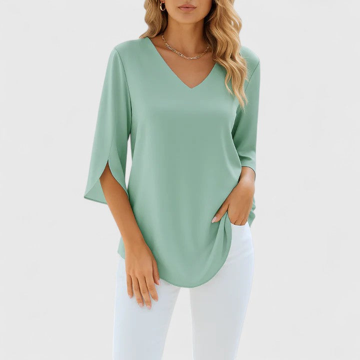 Elegant Blouse for Women V-Neck Slit-Sleeve Long-Sleeve