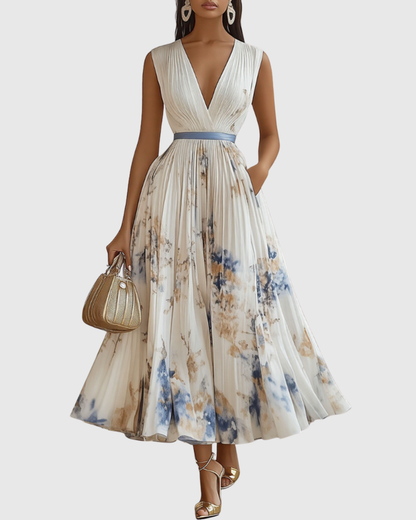 Elegant Pleated Maxi Dress for Women V-Neck Sleeveless Floral-Print