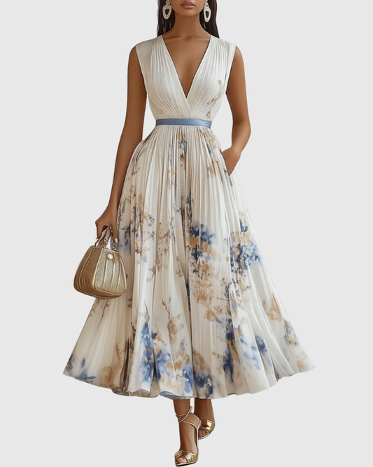 Elegant Pleated Maxi Dress for Women V-Neck Sleeveless Floral-Print