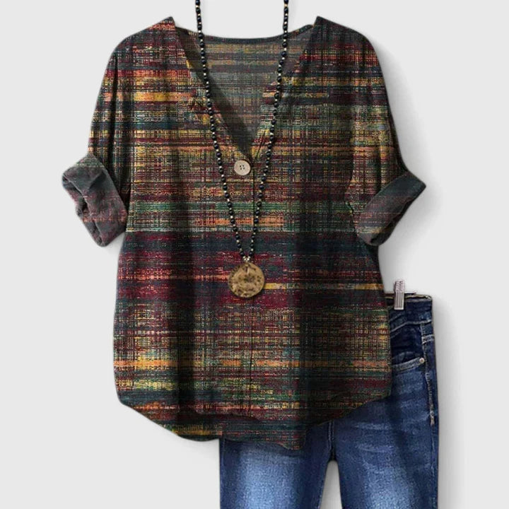 Elegant Blouse for Women Plaid-Print V-Neck Roll-Sleeve