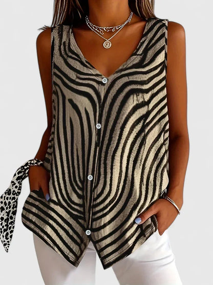 Stylish Blouse for Women Zebra-Print Sleeveless Button-Front