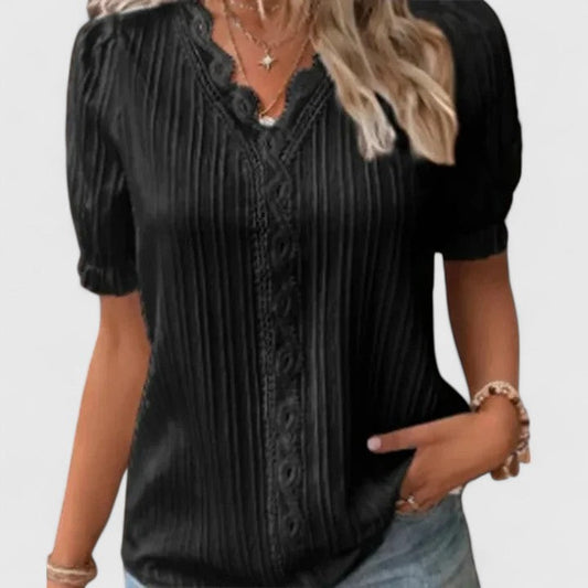 Elegant Blouse for Women Textured Lace-Trim V-Neck