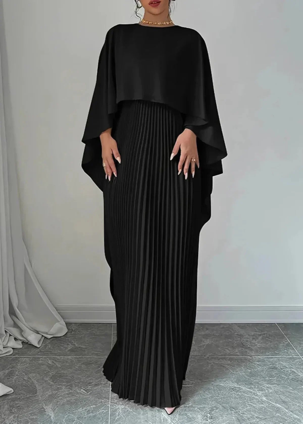 Elegant Maxi Dress for Women Cape-Sleeve Pleated