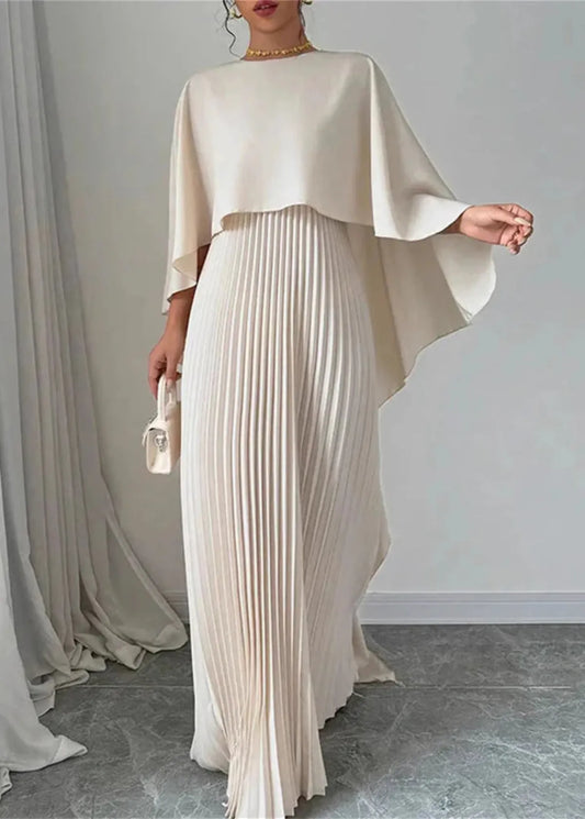 Elegant Maxi Dress for Women Cape-Sleeve Pleated