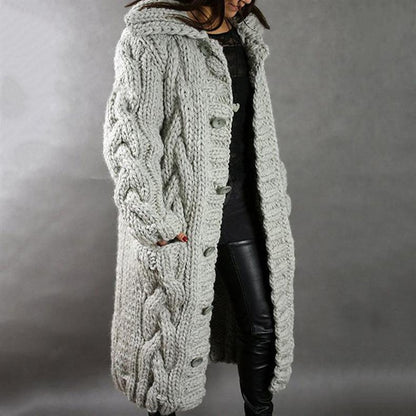 Elegant Long Cardigan for Women Cable-Knit Hooded